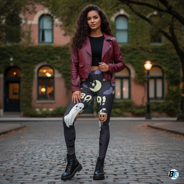 Lila & grau "Boo!" Niedliches Halloween-Party Leggings (Von Creator hochgeladen)