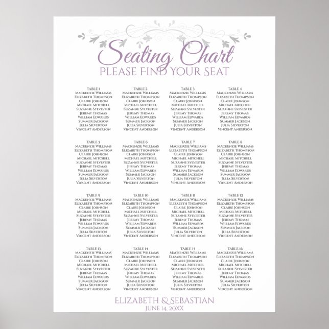 Lila-graue 16 Tabelle Hochzeitstabelle Poster (Vorne)