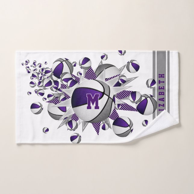 lila graue Basketbälle stern Mädchen mit Monogramm Handtuch (Handtuch)
