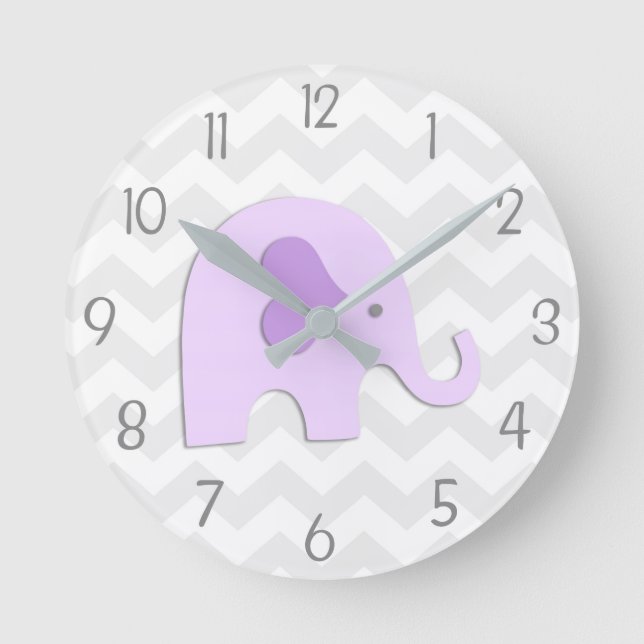 Lila Graue Elephant Kinderzimmer Wall Clock Runde Wanduhr (Vorderseite)
