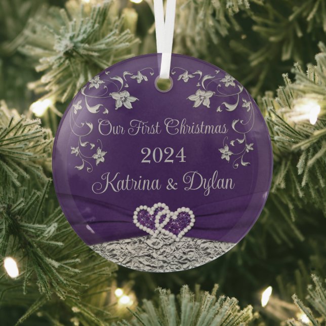 Lila, graue Liebe Herz Hochzeit 1. Weihnachten Ornament Aus Glas (InSitu)