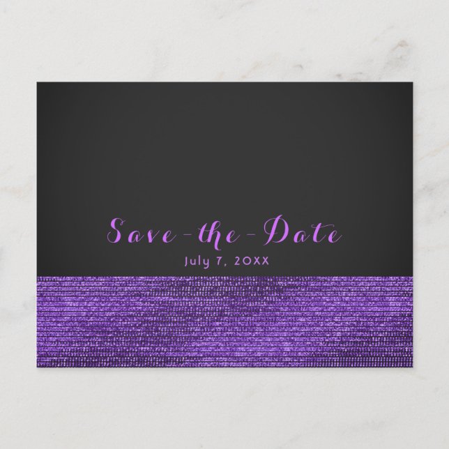 Lila Graue, moderne Glam-Sequins Save the Date Ankündigungspostkarte (Vorderseite)