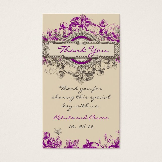 Lila-Graue Vintage Blumenhochzeit Vielen Dank Tag (Vorderseite)