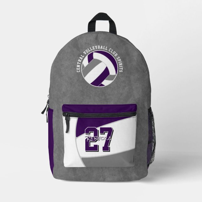 lila graue Volleyballmannschaftsfarben Teamname Bedruckter Rucksack (Vorderseite)