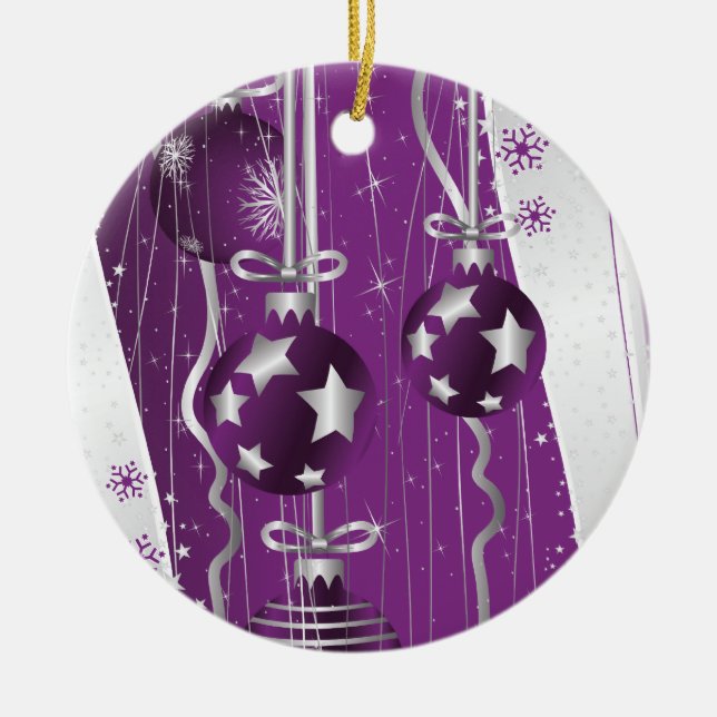Lila, graue Weihnachtsbälle Sterne und Schneeflock Keramik Ornament (Vorne)
