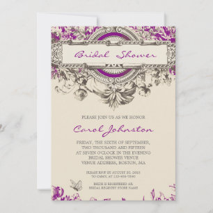 Lila graues Vintages BlumenBrautparty Einladung