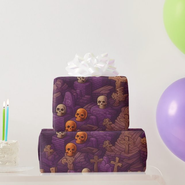 Lila Graves Silver Bronze Skulls Halloween Geschenkpapier (Partygeschenke)