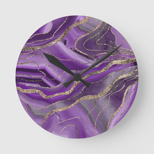 Lila Gray Agate Gold Glitzer Glam #1  Runde Wanduhr (Vorderseite)