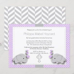 Lila & Gray Elephant 🐘 Baby - Christening Einladung