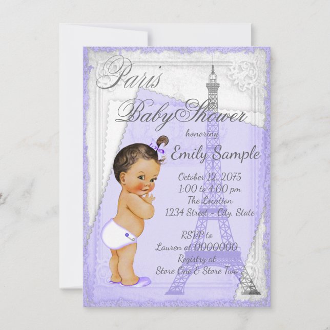 Lila Gray Vintag Paris Baby Dusche Einladung (Vorderseite)