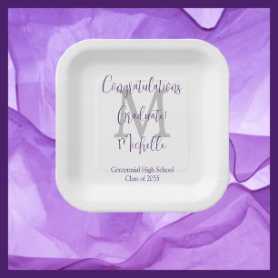 Lila Gray White Mit Monogramm Graduation Party Pappteller