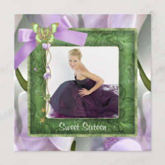 Lila Green Butterfly Foto Sweet 16 Party Einladung