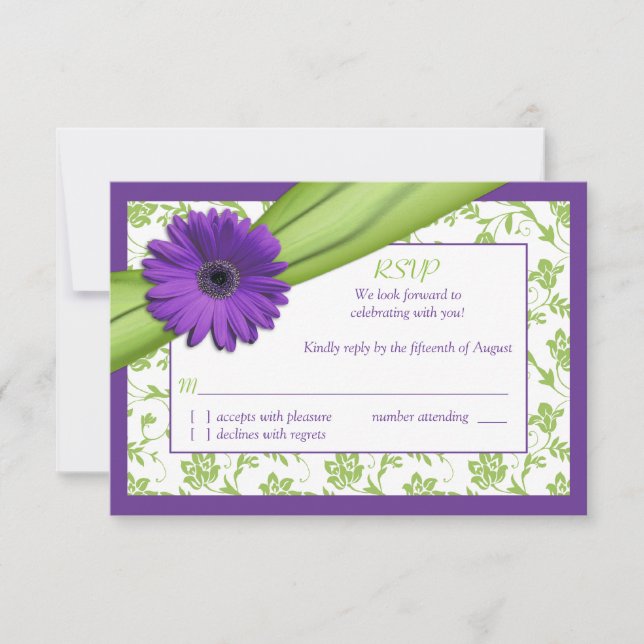 Lila Green Daisy Floral Wedding Repcard RSVP Karte (Vorderseite)