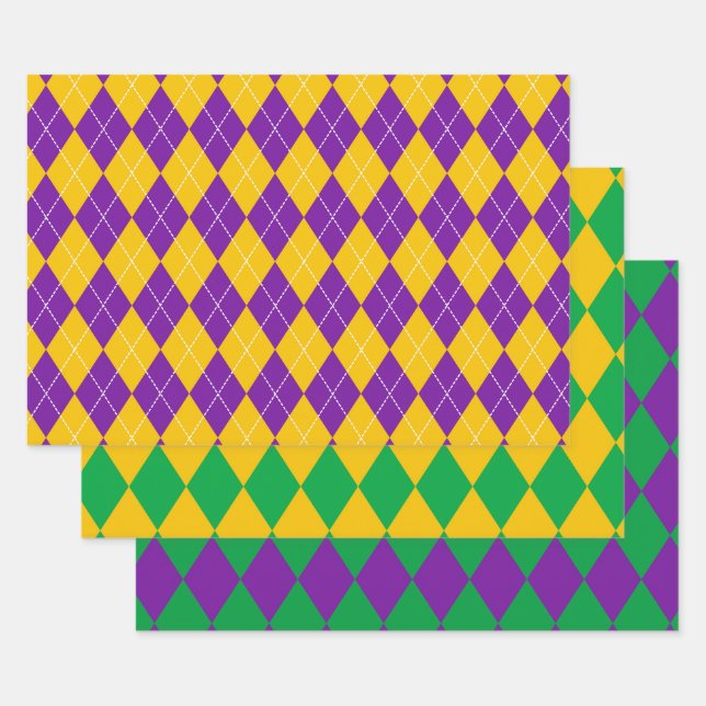 LILA GREEN GOLD MARDI GRAS DIAMOND PATTER GESCHENKPAPIER SET (Set)