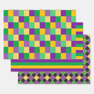LILA GREEN GOLD MARDI GRAS DIAMOND STRIPES GESCHENKPAPIER SET