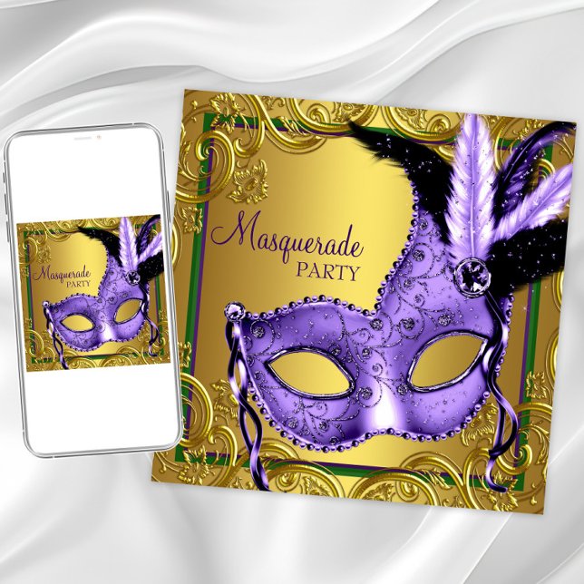 Lila Green Gold Mardi Gras Masquerade Party Einladung (Any occasion masquerade party invitation. Perfect for Mardi Gras theme prom or party.)