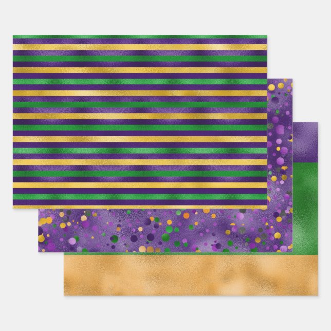 LILA GREEN GOLD MARDI GRAS STRIPES POLKA DOTS GESCHENKPAPIER SET (Set)