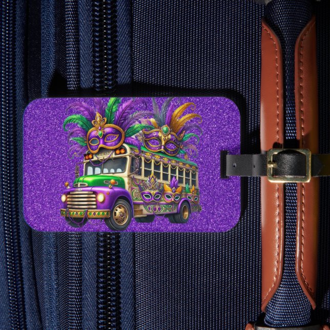 LILA & GREEN MARDI GRAS BUS & FEATHERS GEPÄCKANHÄNGER (Vorderseite Insitu 4)