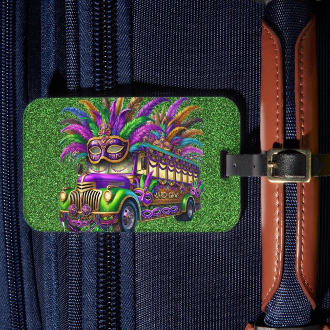 LILA & GREEN MARDI GRAS BUS & FEATHERS GEPÄCKANHÄNGER (Vorderseite Insitu 4)
