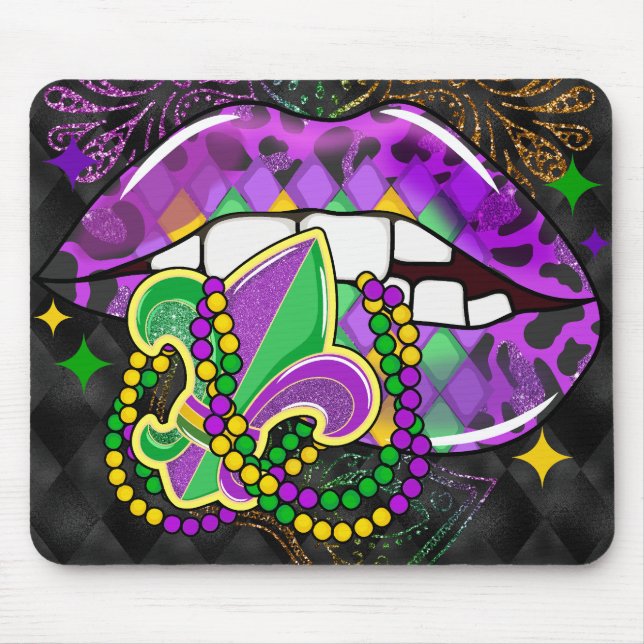 LILA GREEN MARDI GRAS LIPS BEADS FLEURDILIS MOUSEPAD (Vorne)