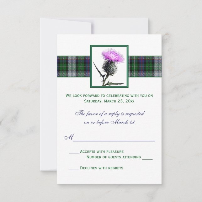 Lila Green Tartan Thistle Wedding RSVP Card (Vorderseite)