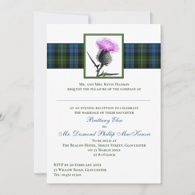 Lila Green Thistle Mackenzie Tartan Wedding Einladung (Vorderseite)