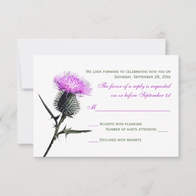 Lila Green Thistle Wedding RSVP Card Karte (Vorderseite)