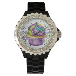LILA GREEN WATERCOLOR MARDI GRAS CUPCAKE ARMBANDUHR