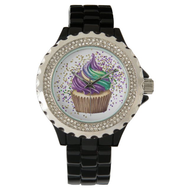 LILA GREEN WATERCOLOR MARDI GRAS CUPCAKE ARMBANDUHR (Vorderseite)