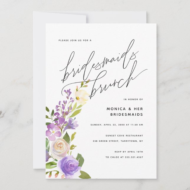 Lila Greenery Floral Bridesmaids Brunch Party Einladung (Vorderseite)