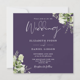 Lila Greenery Floral Monogram Square Wedding Einladung