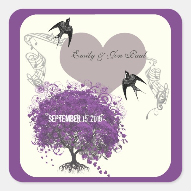 Lila Grenzübergänge Hochzeiten von Mink Heart Leaf Quadratischer Aufkleber (Vorderseite)