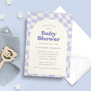 Lila Groovy 70er Schachbrett-Baby-Party Einladung