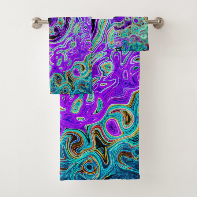 Lila Groovy Abstrakt Retro Liquid Swirl Badhandtuch Set (Insitu)