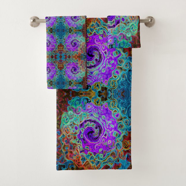 Lila Groovy Abstrakt Retro Liquid Swirl Badhandtuch Set (Insitu)