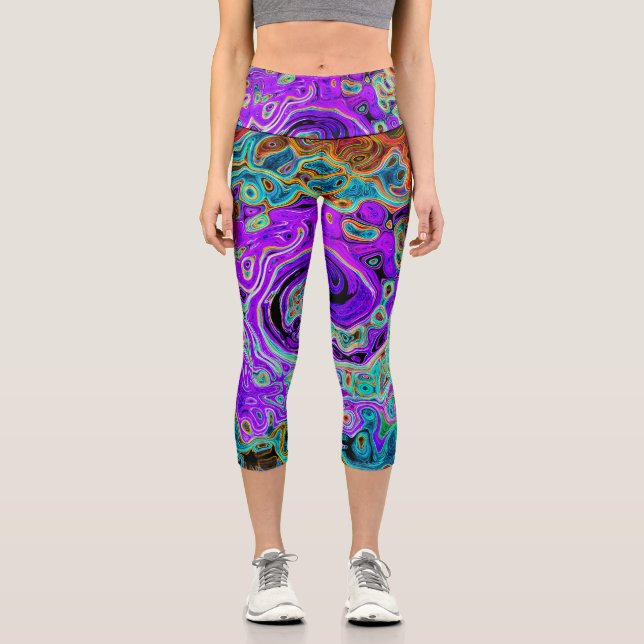Lila Groovy Abstrakt Retro Liquid Swirl Capri Leggings (Vorderseite)