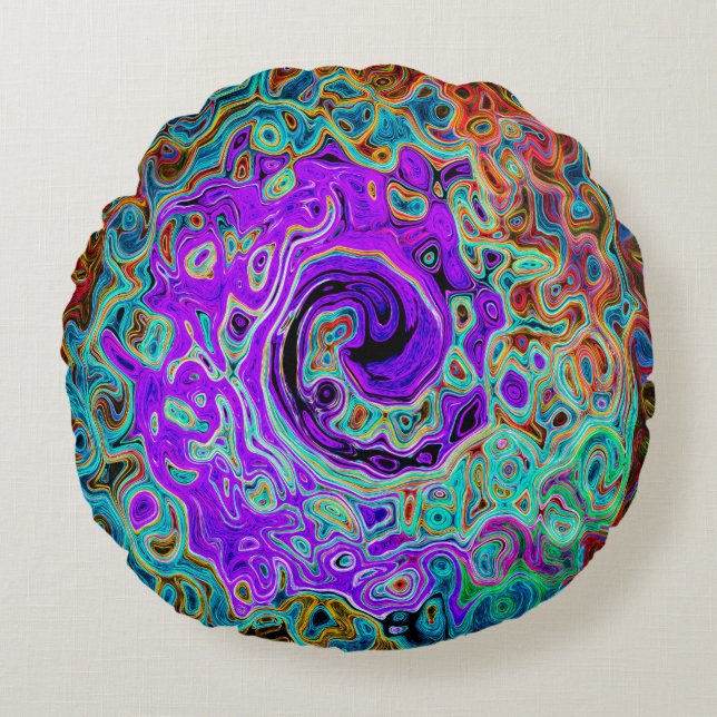 Lila Groovy Abstrakt Retro Liquid Swirl Rundes Kissen (Vorderseite)