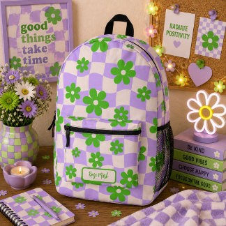 Lila Groovy Daisy Floral Checkerboard Bedruckter Rucksack