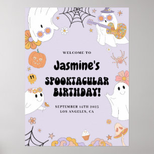 Lila Groovy Ghost Birthday Begrüßungszeichen Poster