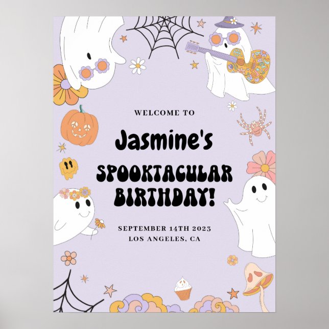 Lila Groovy Ghost Birthday Begrüßungszeichen Poster (Vorne)