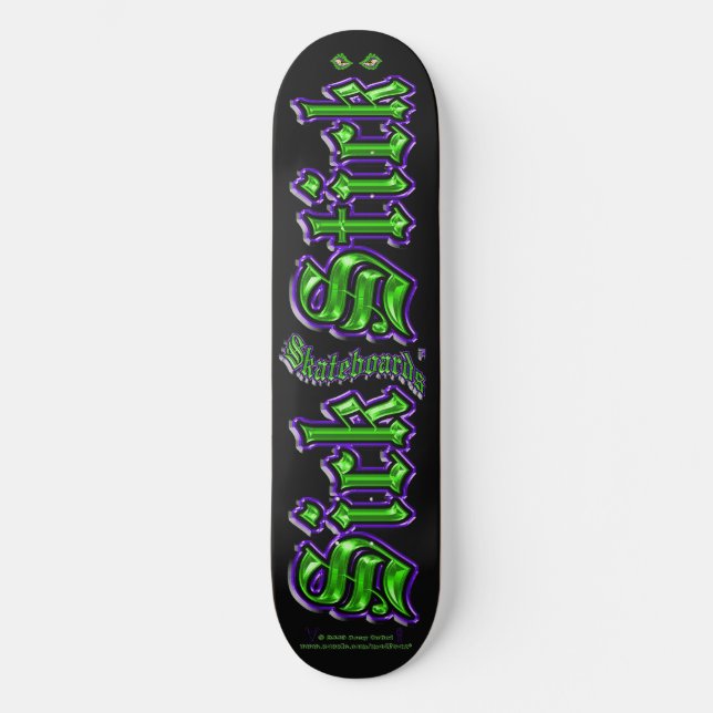 Lila & grün auf schwarz ~ Sick Stick Logo Pro Deck Skateboard (Vorderseite)