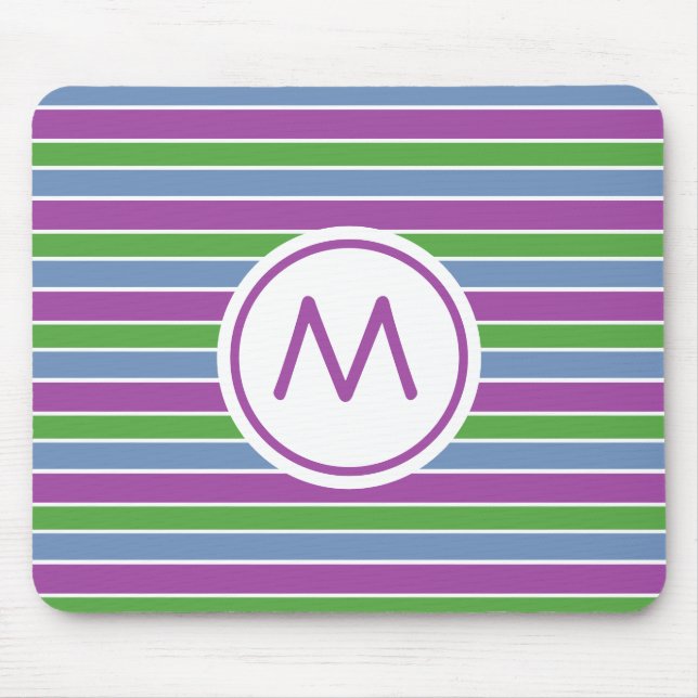 Lila Grün Blau Gestreiftes Monogramm Mousepad (Vorne)