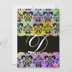 LILA GRÜN GELB SCHWARZ DAMAST MONOGRAMM, weiß Einladung