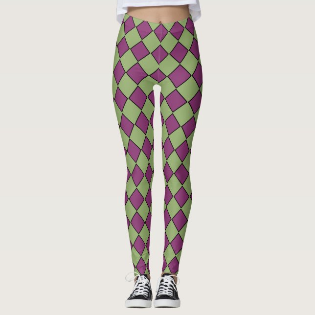 Lila Grün Karo Diamantmuster Leggings (Vorderseite)