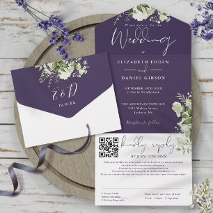 Lila Grün Monogramm QR-Code Hochzeit All In One Einladung