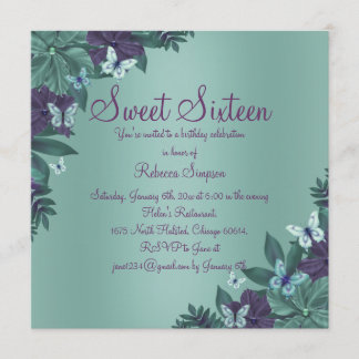 Lila & grün Schmetterling Sweet 16 Einladung