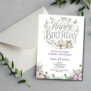 Lila Grüne Aquarell-Blumen Geburtstag Für Sie Einladung