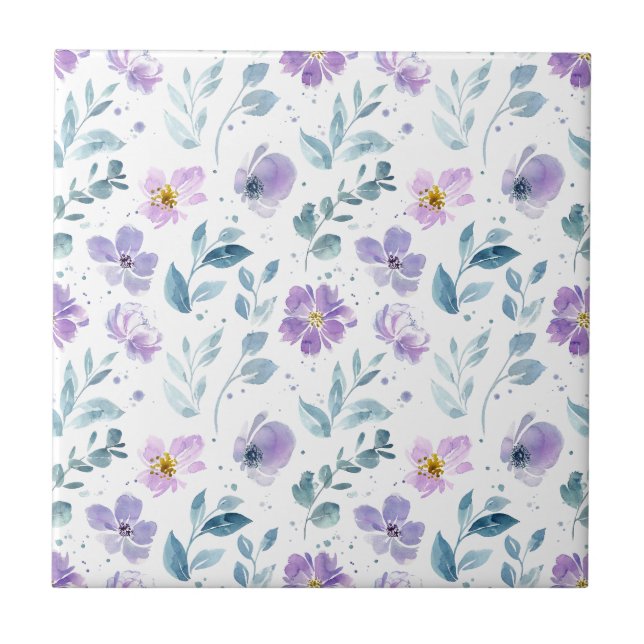 Lila Grüne Aquarell-Wildblume Fliese (Vorderseite)
