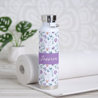 Lila Grüne Aquarell-Wildblumen-Monogramm-Name Trinkflasche