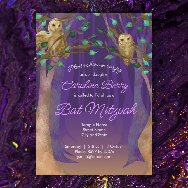 Lila, grüne Blätter, Owls Bat Mitzvah Einladung (purple bat mitzvah invitation owls magical forest trees green leaves)